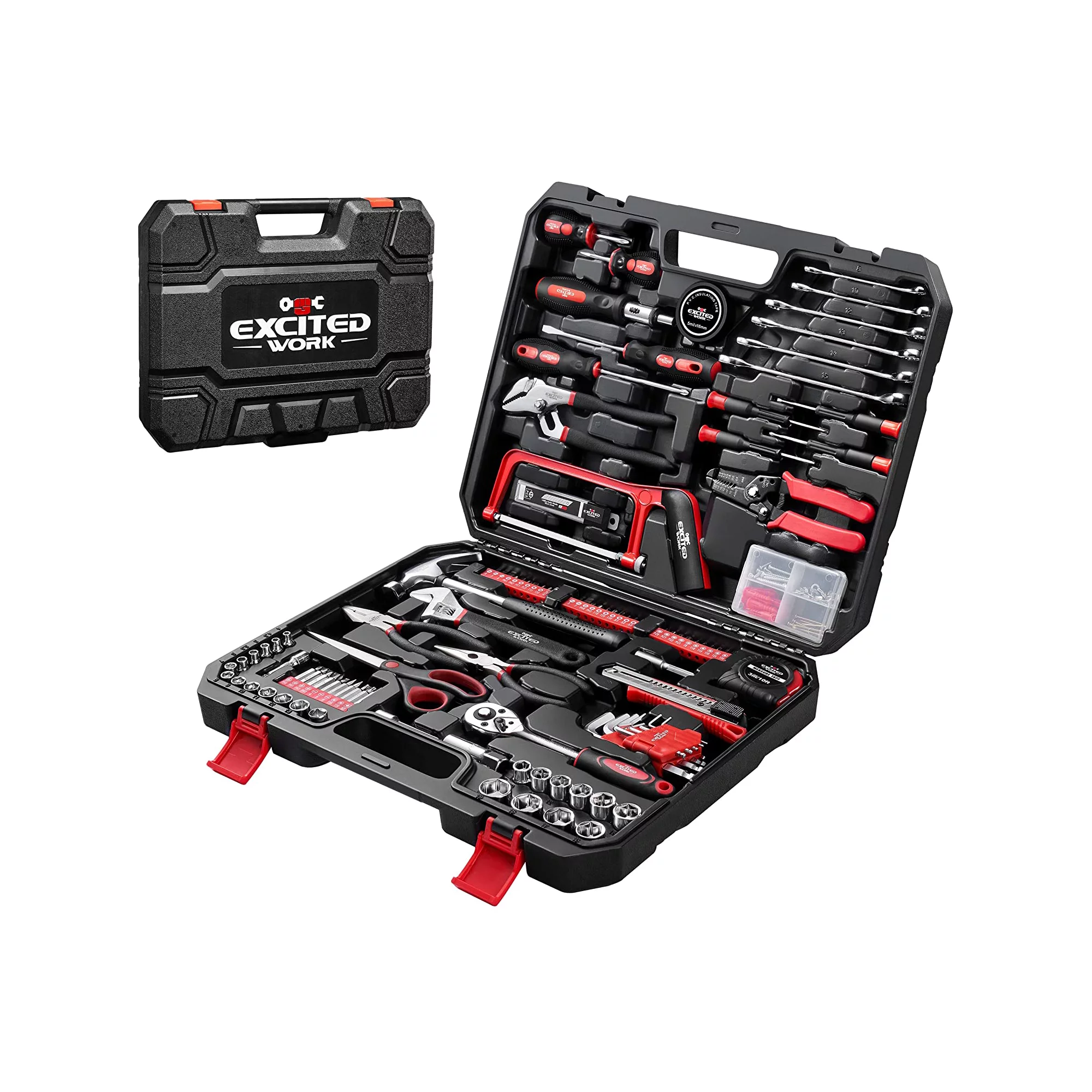 Excited Work 198 Pcs Hand Tool Set， Mechanic Tools Kit With Plastic Storage Case Wrench Screwdriver