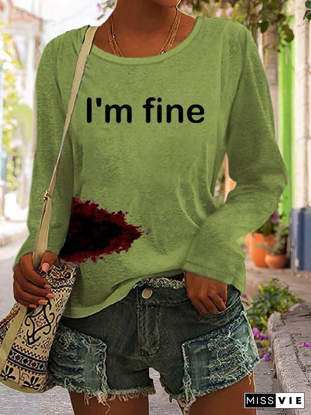 Women's Halloween Funny “I'M FINE” Bloodstained Long Sleeve T-Shirt