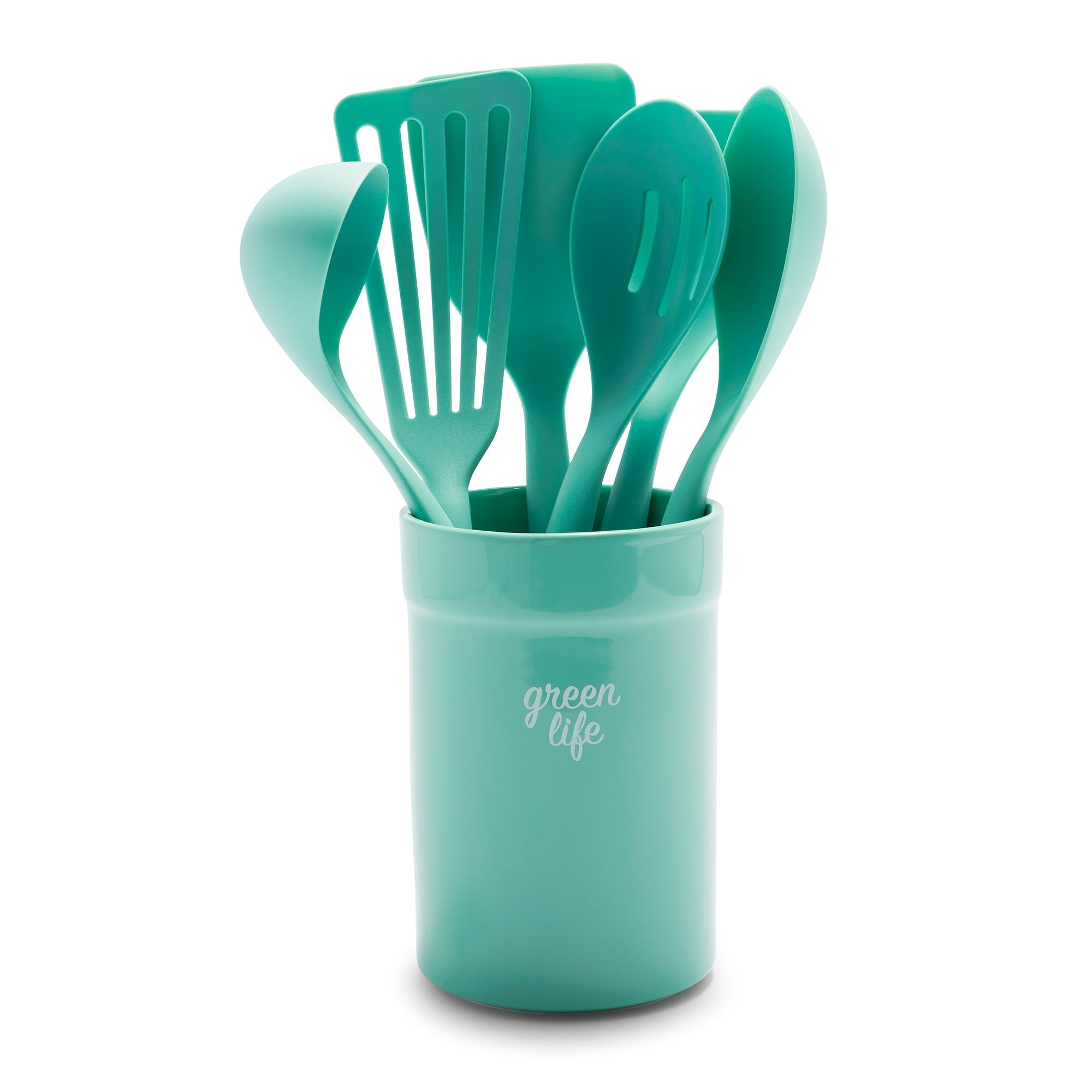 GreenLife Nylon & Wood Cooking Utensils with Ceramic Crock, 7-Piece Set | Turquoise