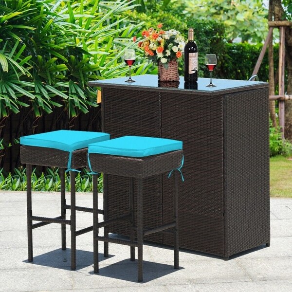 3-piece Rattan Wicker Bar Table Stools Dining Set Cushioned Chairs - 40