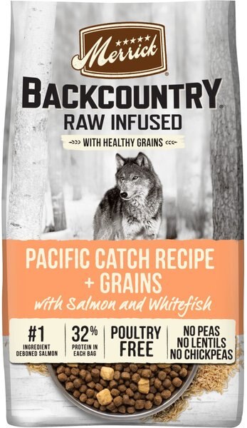 Merrick Backcountry Chicken-Free Raw Infused Pacific Catch Recipe + Grains with Salmon， Whitefish and Trout Freeze-Dried Dry Dog Food