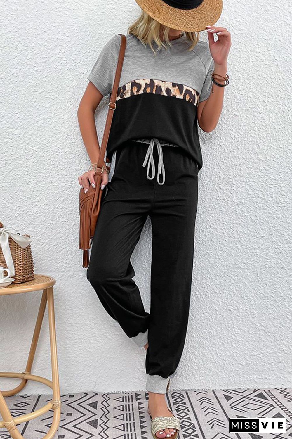 Color Block Splicing Leopard 2pcs Pant Set