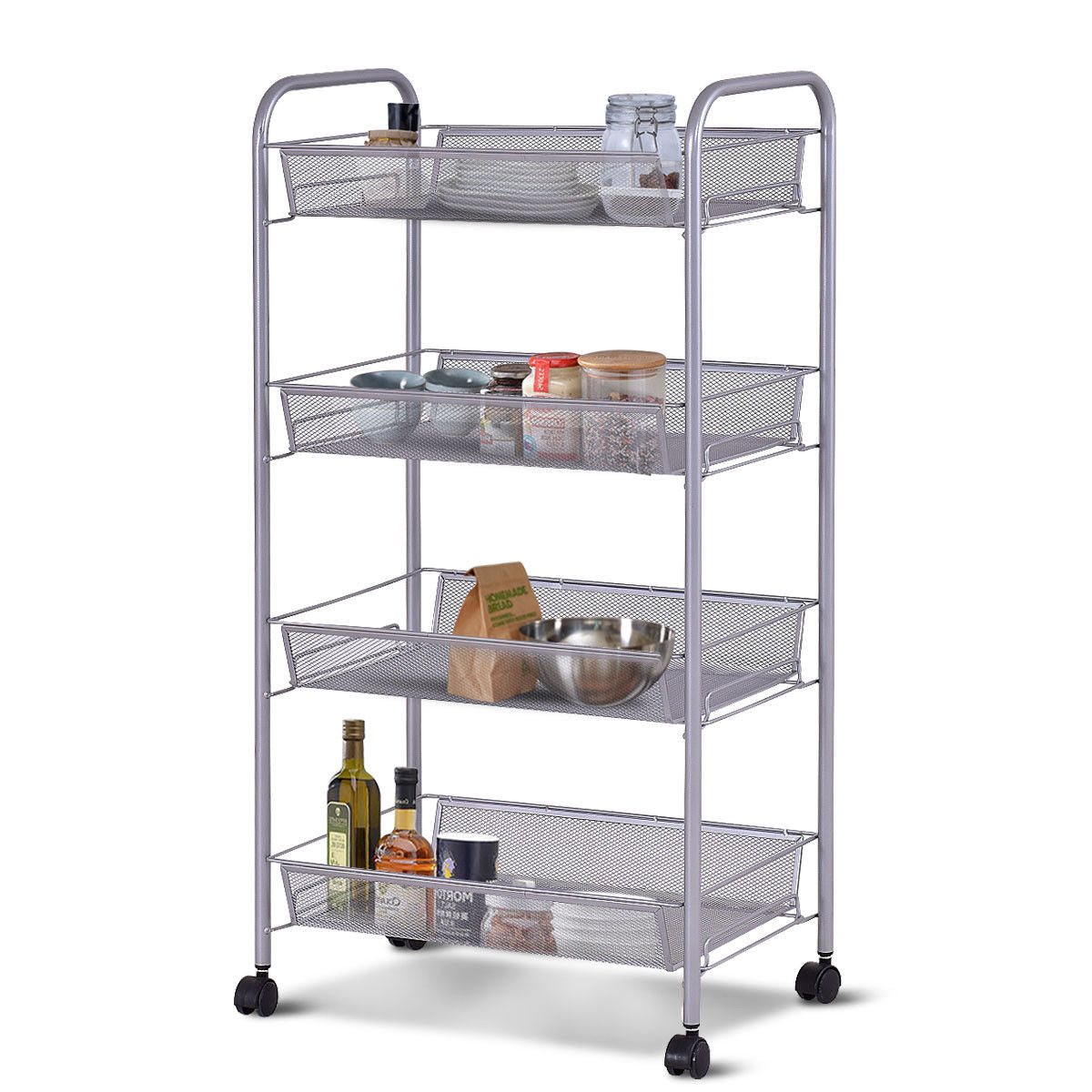 Costway 4 Tier Storage Rack Trolley Cart Home Kitchen Organizer Utility Baskets Silver Steel