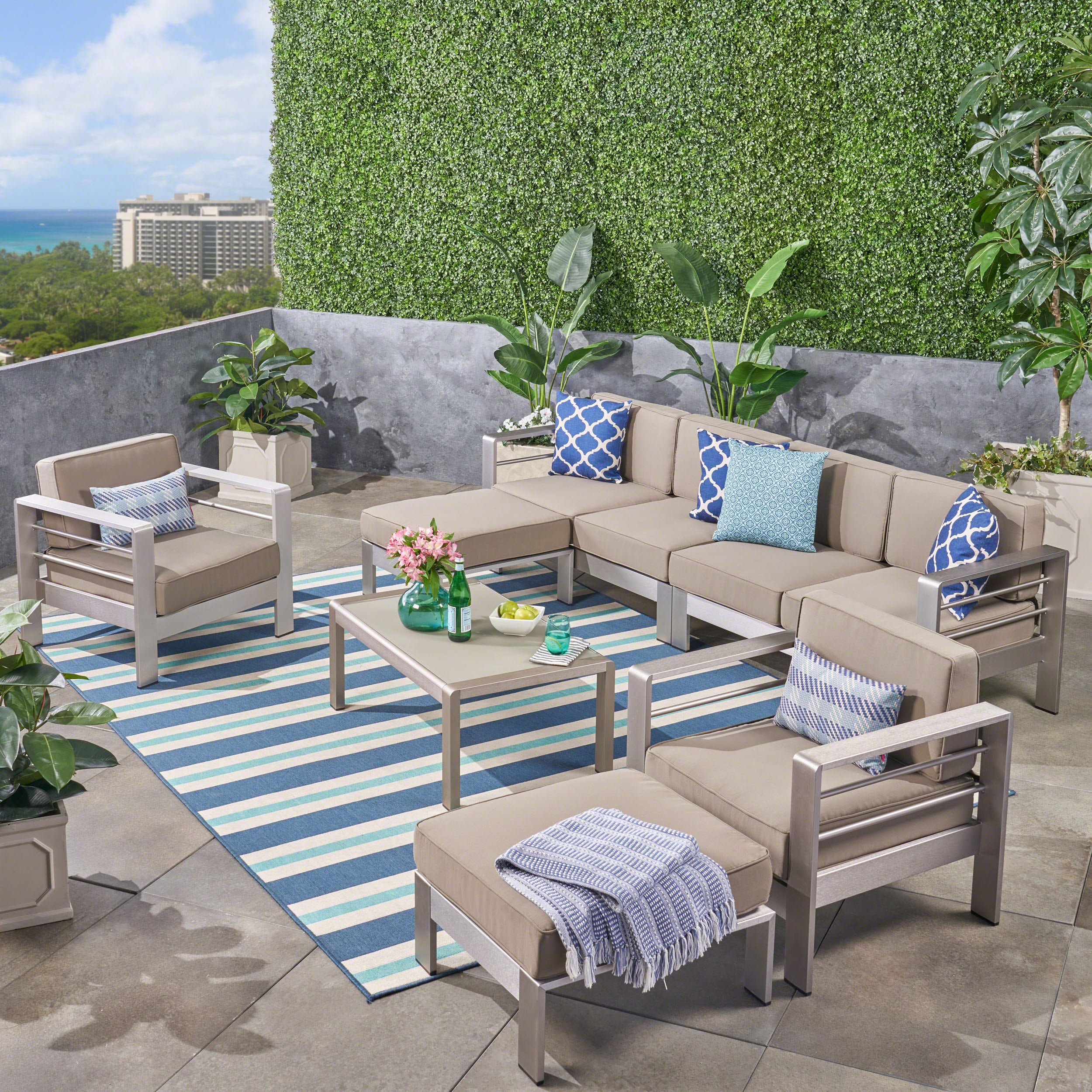 Emily Coral Outdoor Aluminum 6-Seater Sectional Sofa Set with Ottomans and Coffee Table, Silver and Khaki