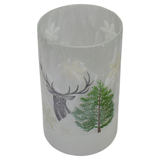 Deer Pine And Snowflakes Hand Painted Flameless Glass Christmas Candle Holder