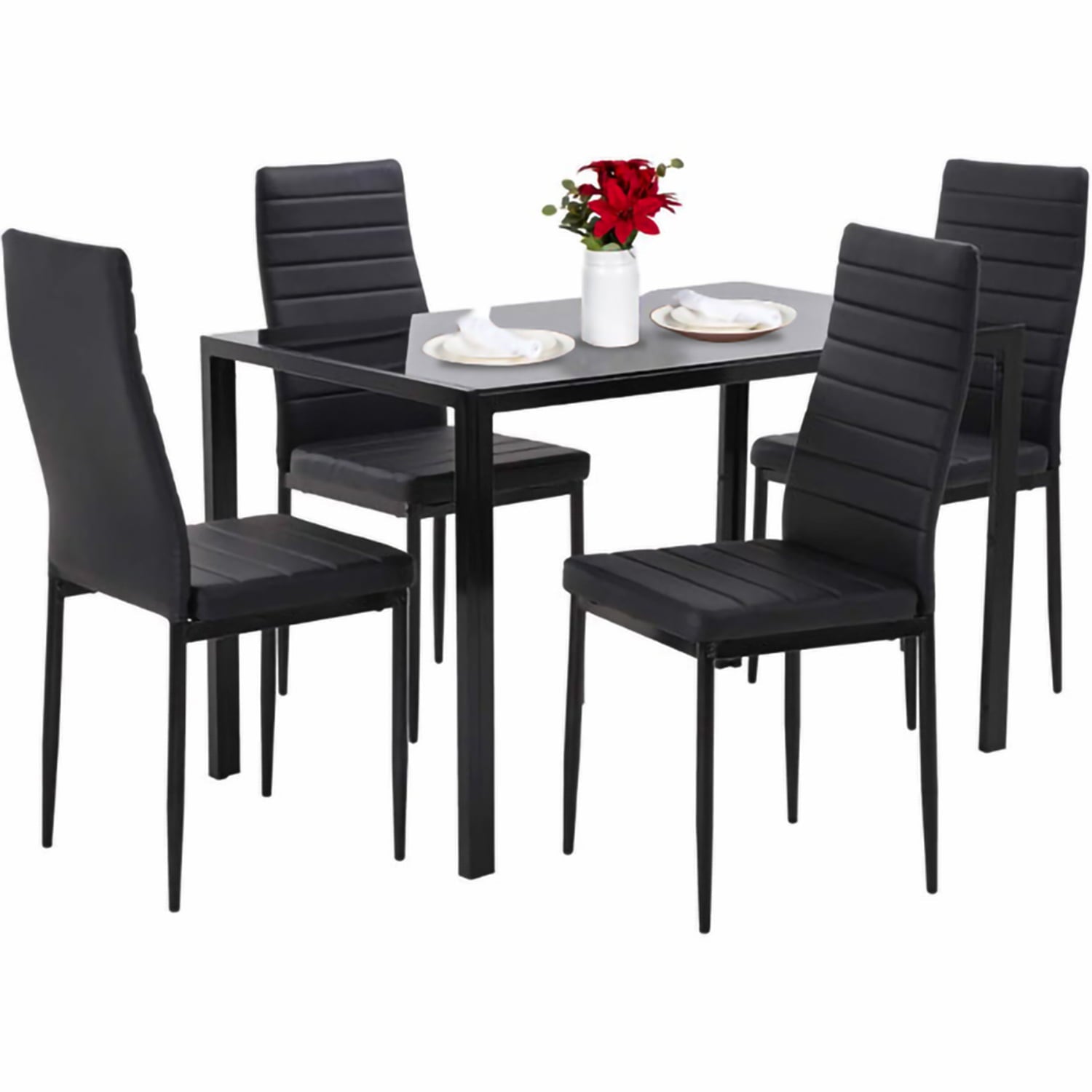 SKONYON 5 Piece Dining Table Set and 4 Chairs Kitchen Breakfast Furniture Black