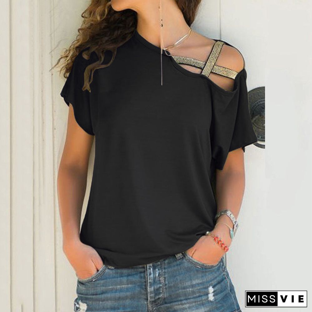 Women's Casual Cross Irregular Short-sleeved T-shirt Blouses