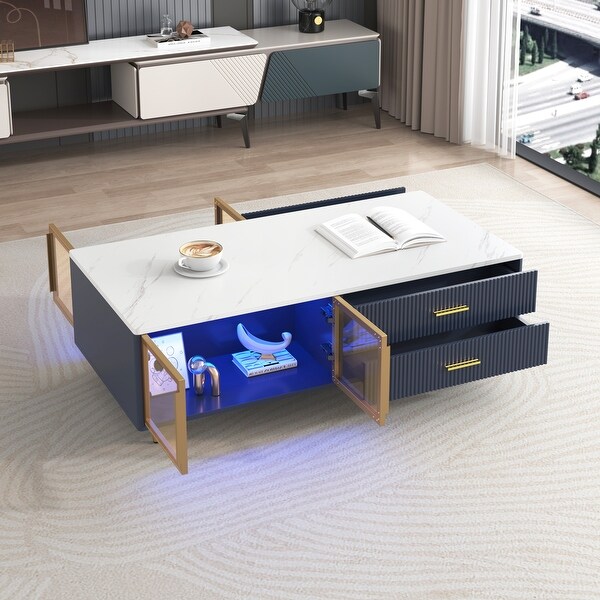 Coffee Table with 2 Glass Door Storage 4 Drawers Gold Metal Legs and MultiColor Lighting in 47.2''