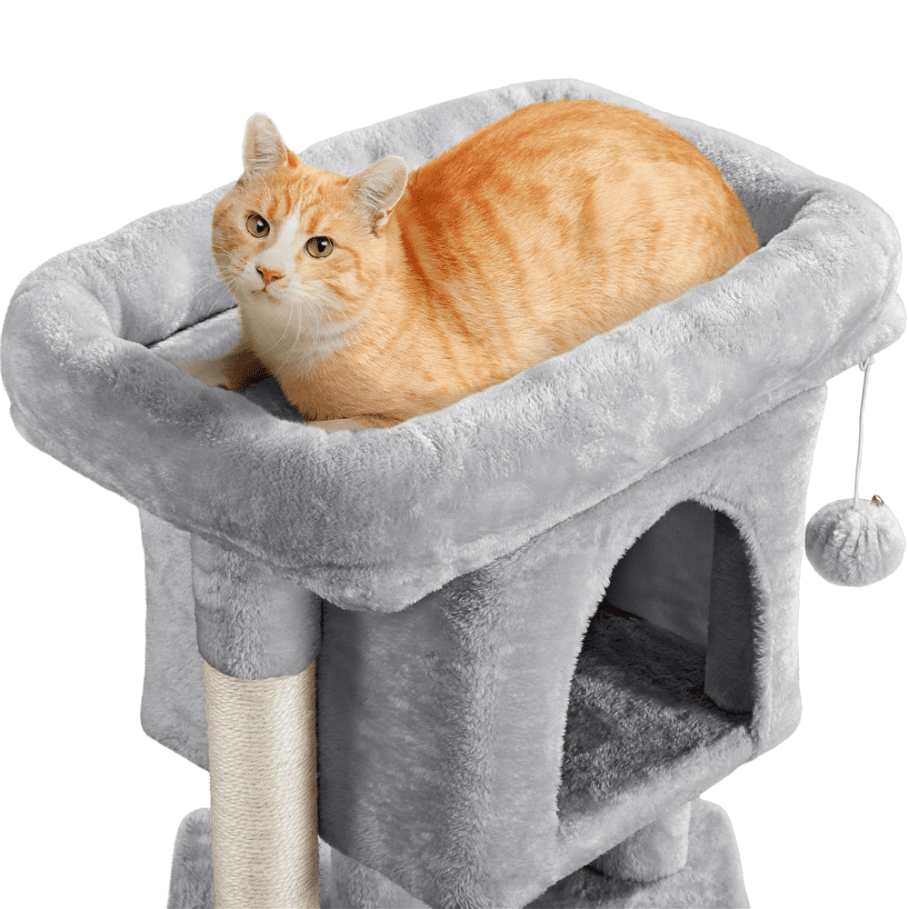 Easyfashion 2-Level Cat Tree Kitten Condo House with Plush Perch， Light Gray