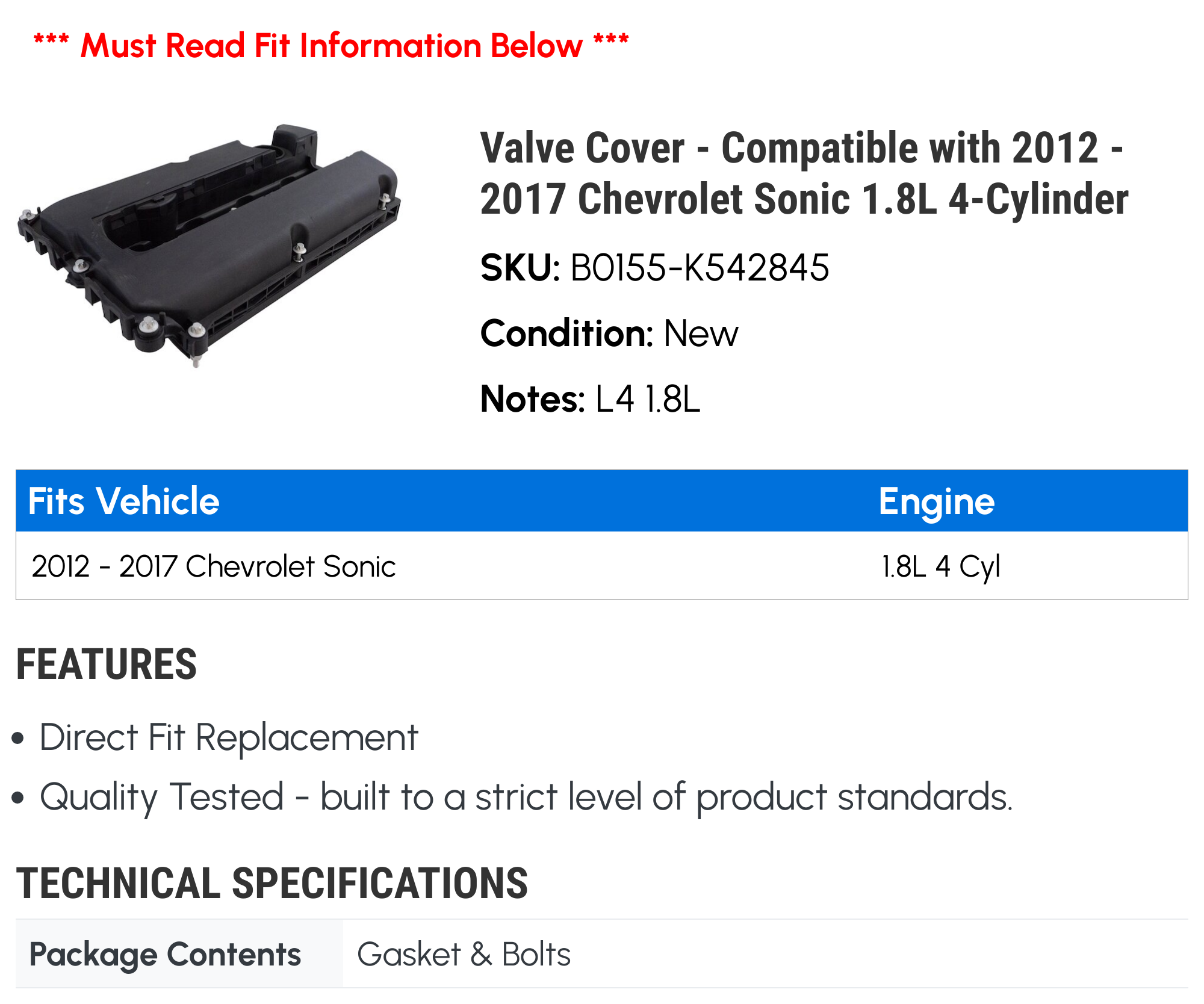 Valve Cover - Compatible with 2012 - 2017 Chevy Sonic 1.8L 4-Cylinder 2013 2014 2015 2016