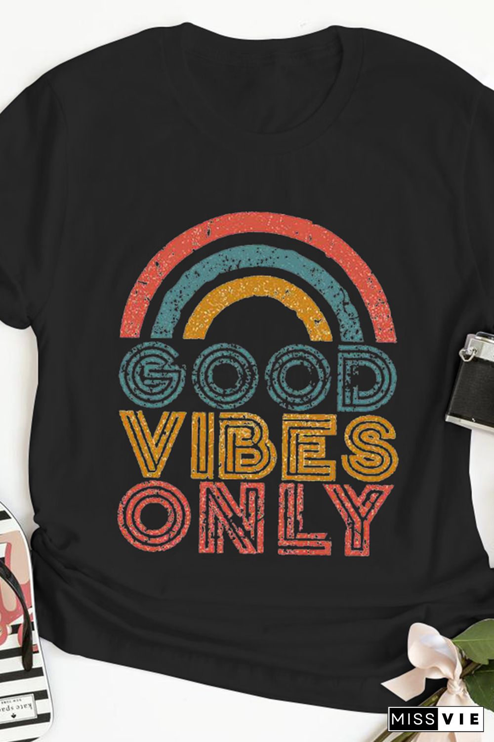 GOOD VIBES ONLY Print Graphic Tees for Women Wholesale Short Sleeve T shirts Top