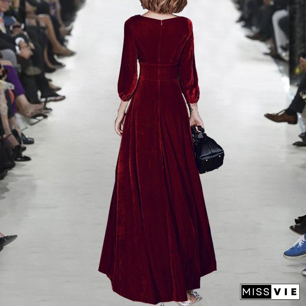 Wine Red Velvet Long Sleeve Swing Dress