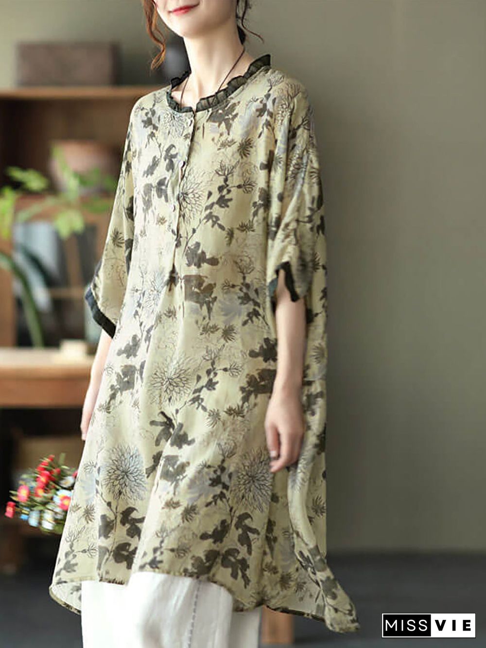 Plus Size - Ramie Floral Vintage Women Print Casual Shirt