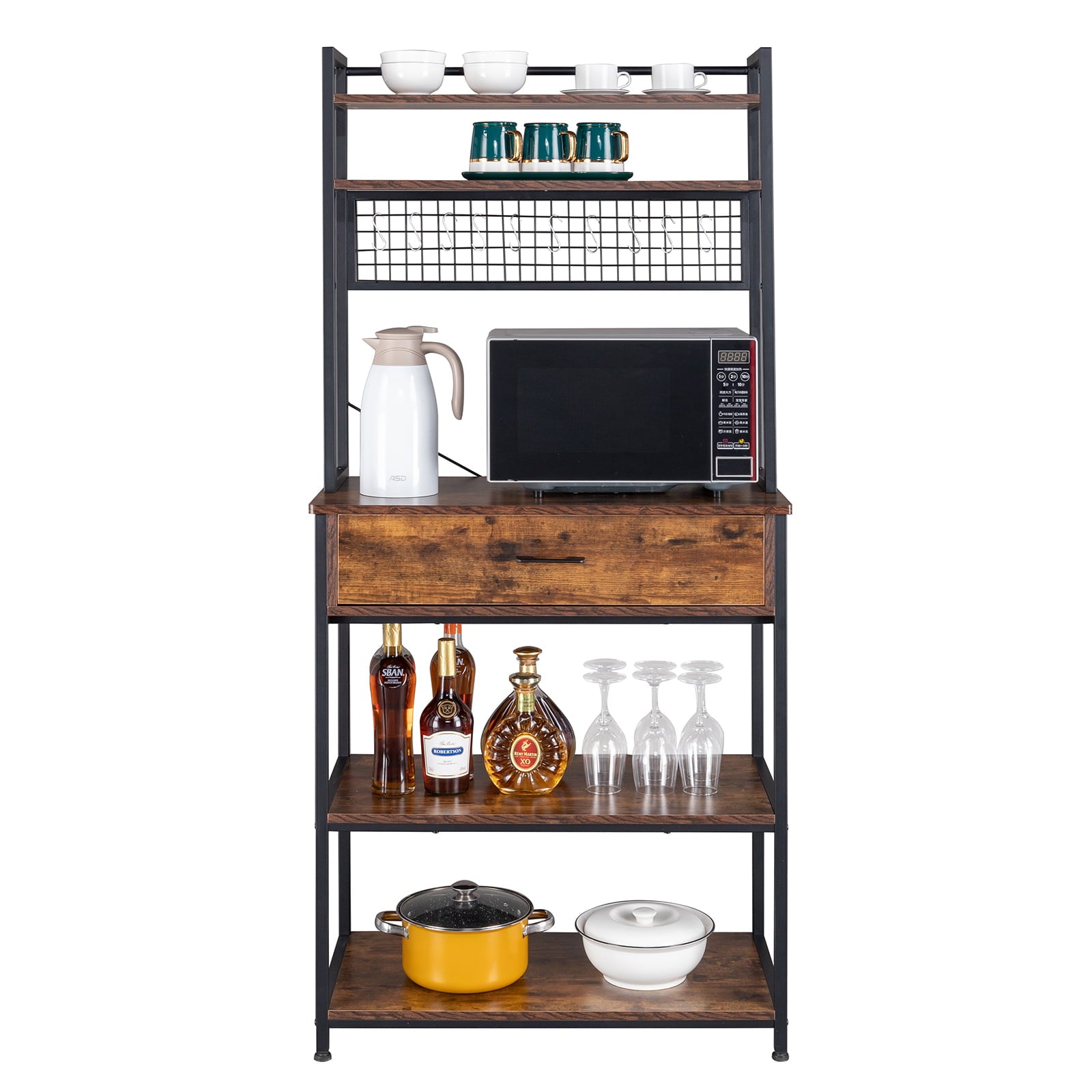 Zimtown 5 Tiers Bakers Rack Industrial Kitchen Island with Storage Drawer， Microwave Oven Cart Coffee Bar Stand W/ Shelf and 10 S-Hooks， Rustic Brown Finish