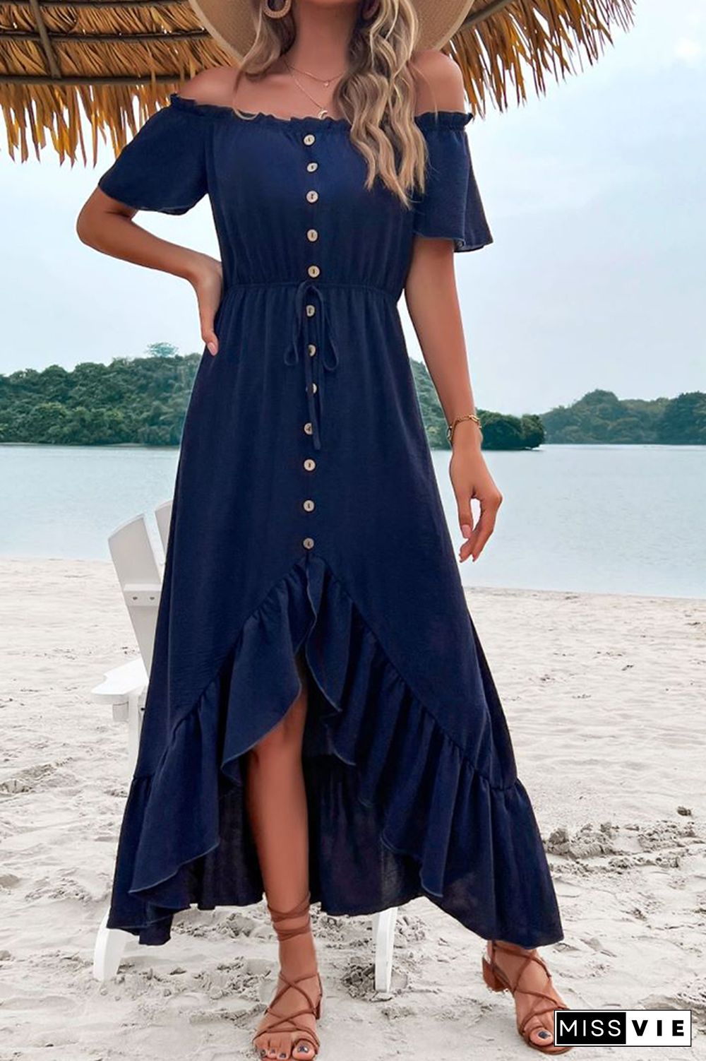 Navy Off Shoulder Button Down Drawstring High Low Ruffle Maxi Dress