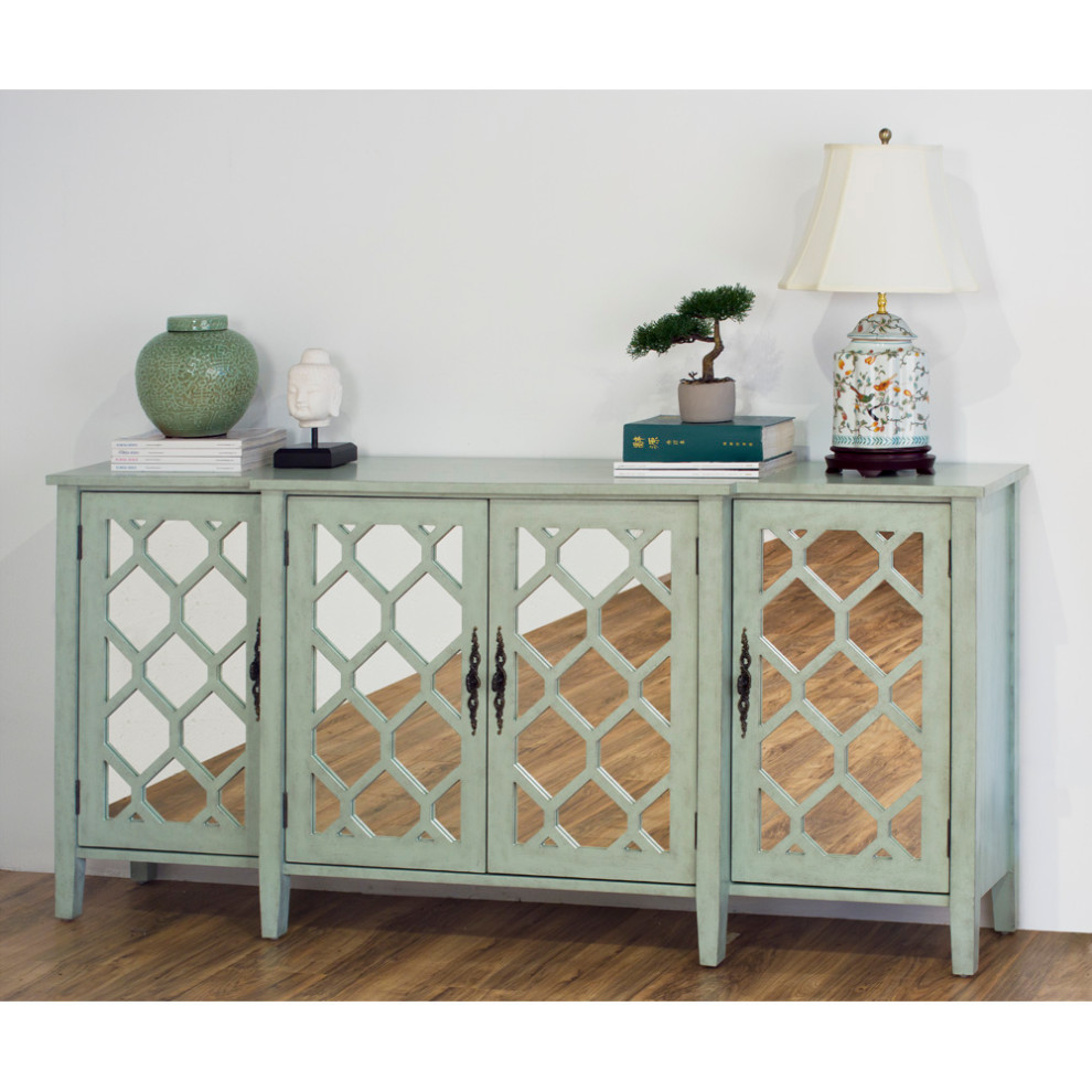 Zen Sage Sideboard with Lattice Fretwork Mirror Doors   Transitional   Console Tables   by China Furniture and Arts  Houzz