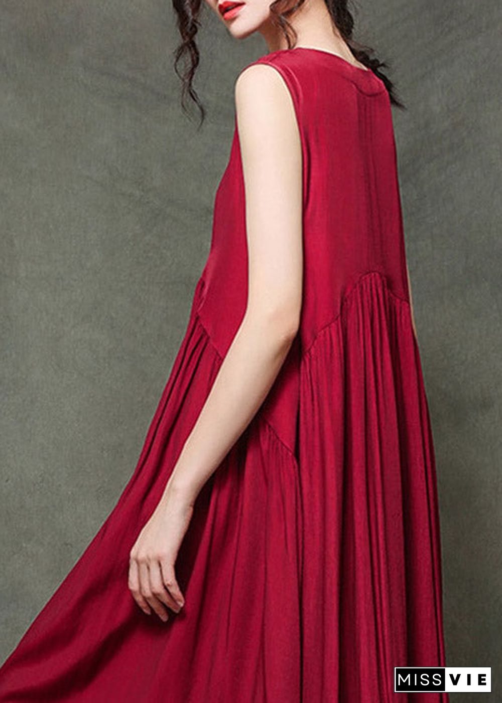 Casual Wine Red-floral3 O-Neck Wrinkled Long Dresses Sleeveless