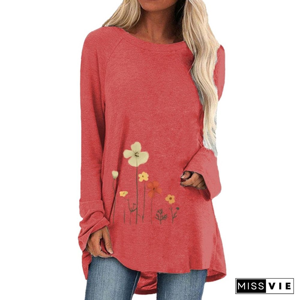 Spring and Autumn Plus Size Fashion Women Clothing Flowers Printed Casual T-shirt Ladies Long Sleeve Round Neck Pullover Tops