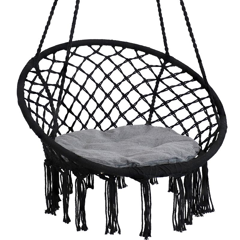 Macrame Hammock Chair with Tassels and Cushion - Black/Gray