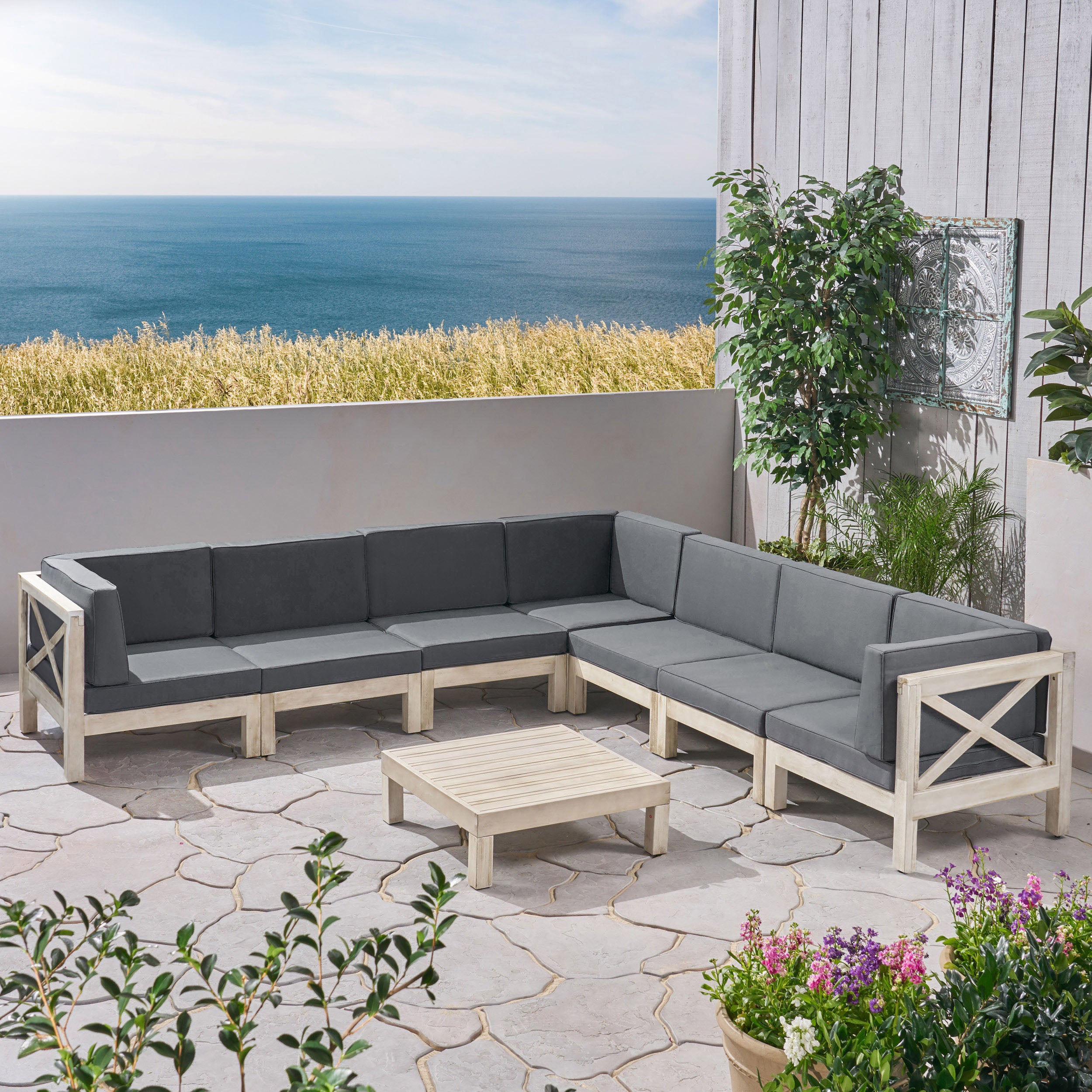 Dale Outdoor 7 Seater Acacia Wood Sectional Sofa Set