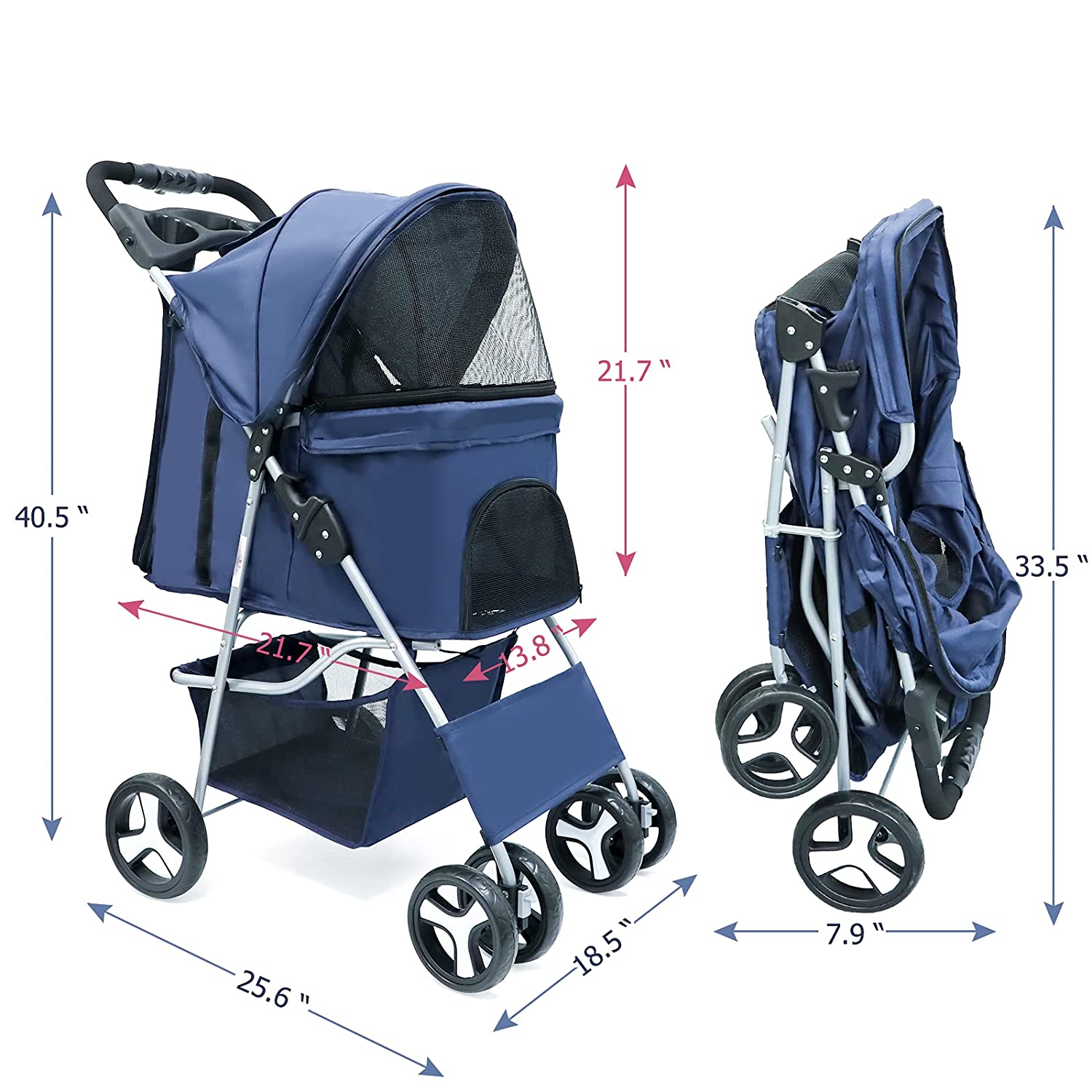 Maylai Pet Stroller for Small Cat/Dog - Lightweight Foldable with Storage Basket and Cup Holder (Navy Blue)