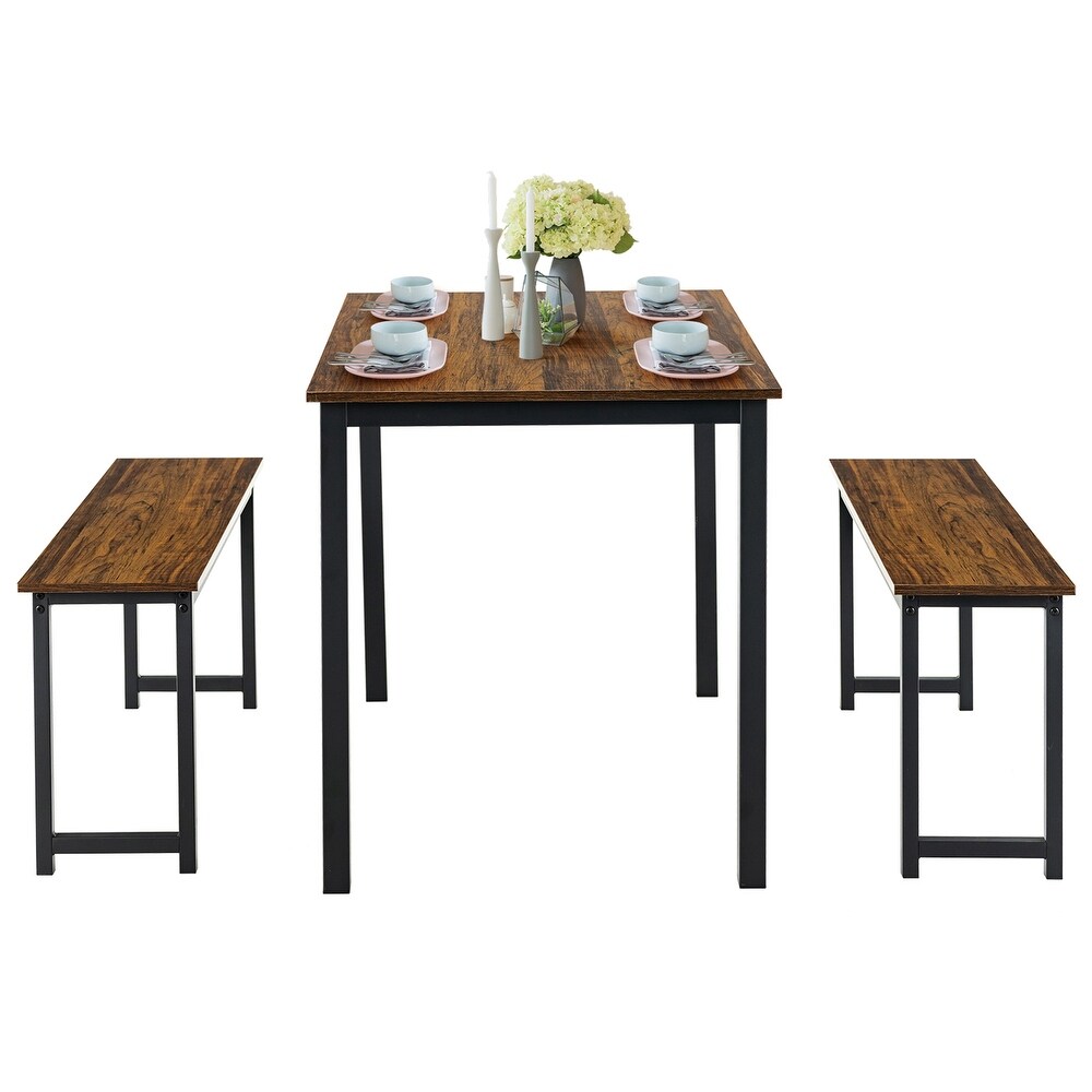 Gymax Modern 3 PCS Dining Table Bench Set w/ Metal Frame   Wooden