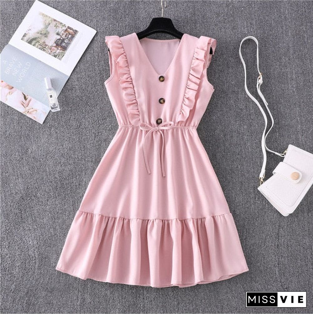 Women Summer Dress Casual Boho Beach Ruffles Mini Dress Party Sexy V-Neck High Waist Female Dresses