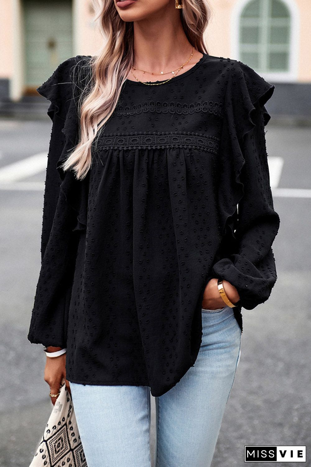 Lace Eyelet Ruffle Shoulder Long Sleeve Blouse