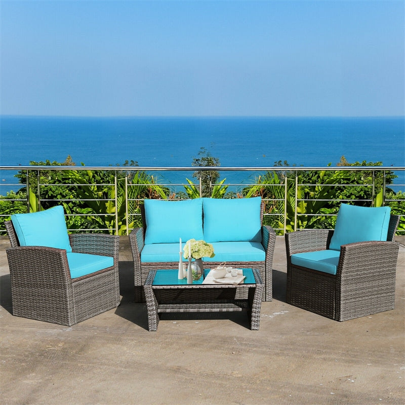 4 Pcs Rattan Patio Sectional Furniture Set with Storage Shelf Table, Cushioned Outdoor Wicker Conversation Sofa Set