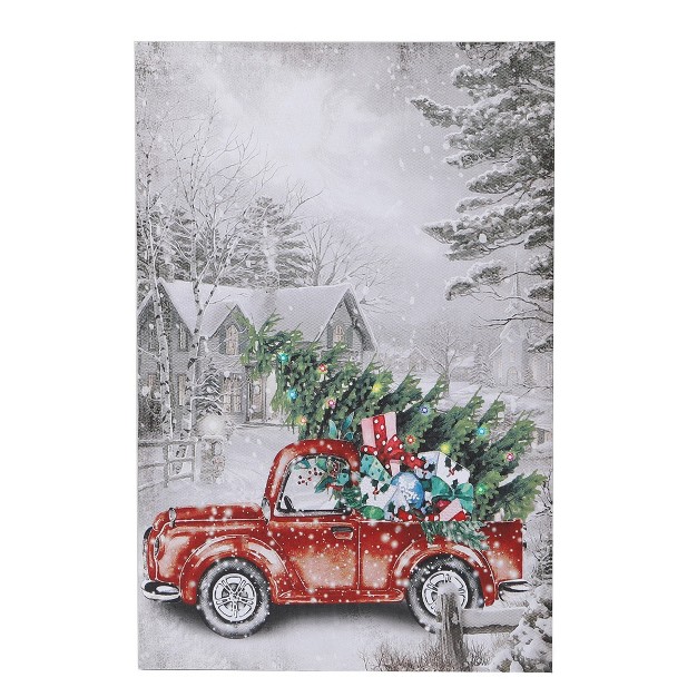 Luxenhome Holiday Christmas Vintage Truck Canvas Print With Lights Red