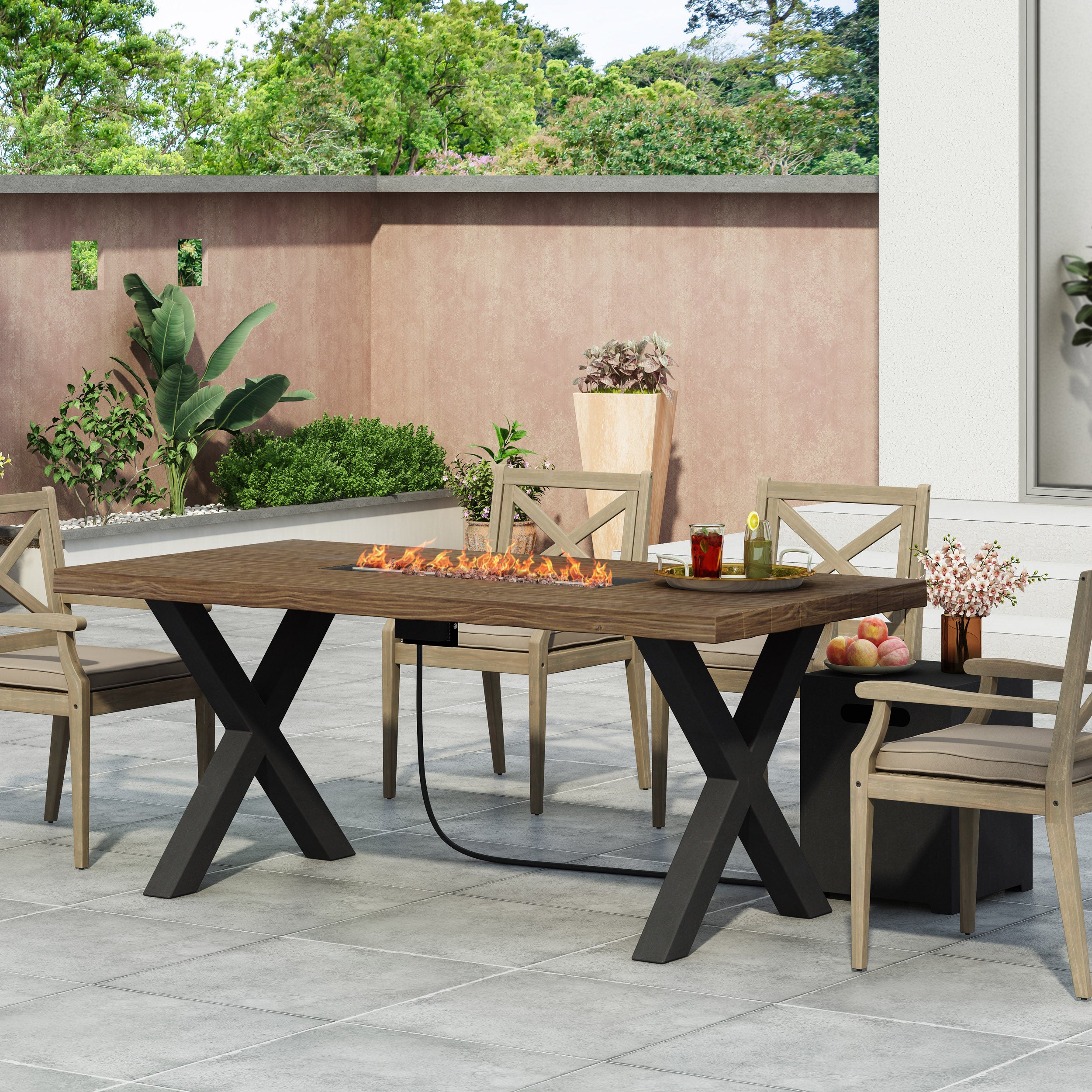 Hyrum Outdoor 40,000 BTU Fire Pit Dining Table with Tank Holder, Textured Brown Walnut, Black, and Dark Gray