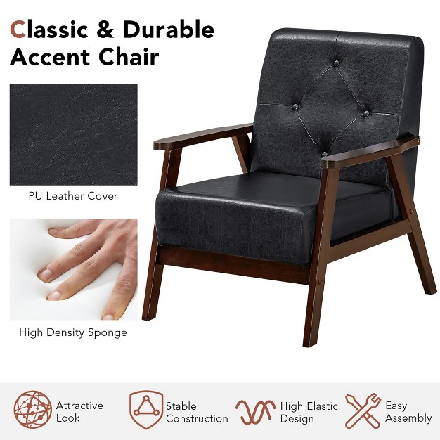 Costway Classic Accent Chair Pu Leather Armchair W rubber Wood Legs amp Button Tufted Back