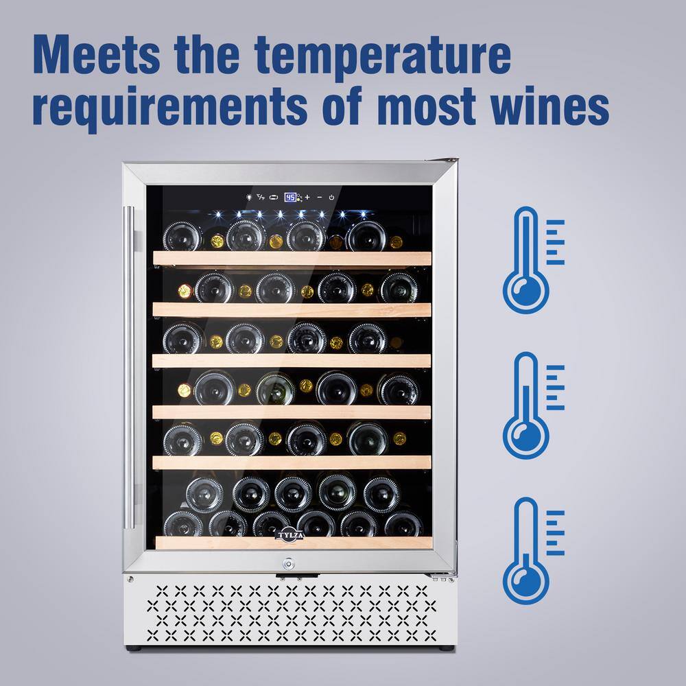 Tylza Single Zone 51-Bottles Built-in and Freestanding Wine Cooler with Childproof Lock in Stainless Steel TYWC150S