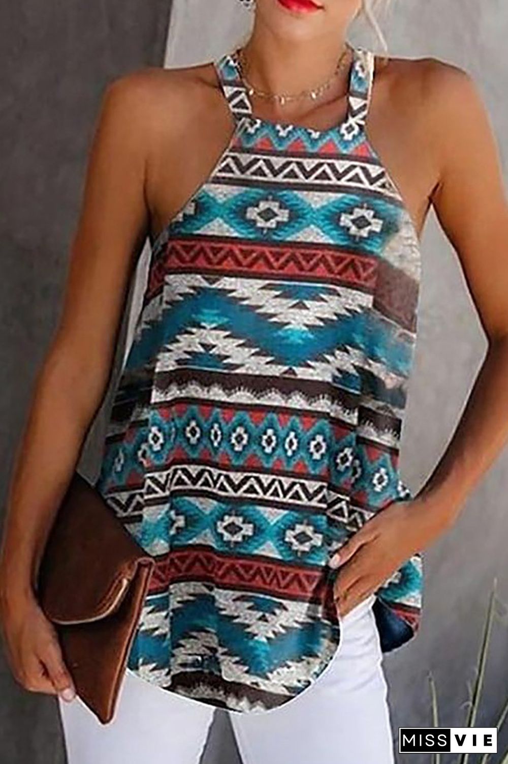 Blue Aztec Print Halter Tank Top