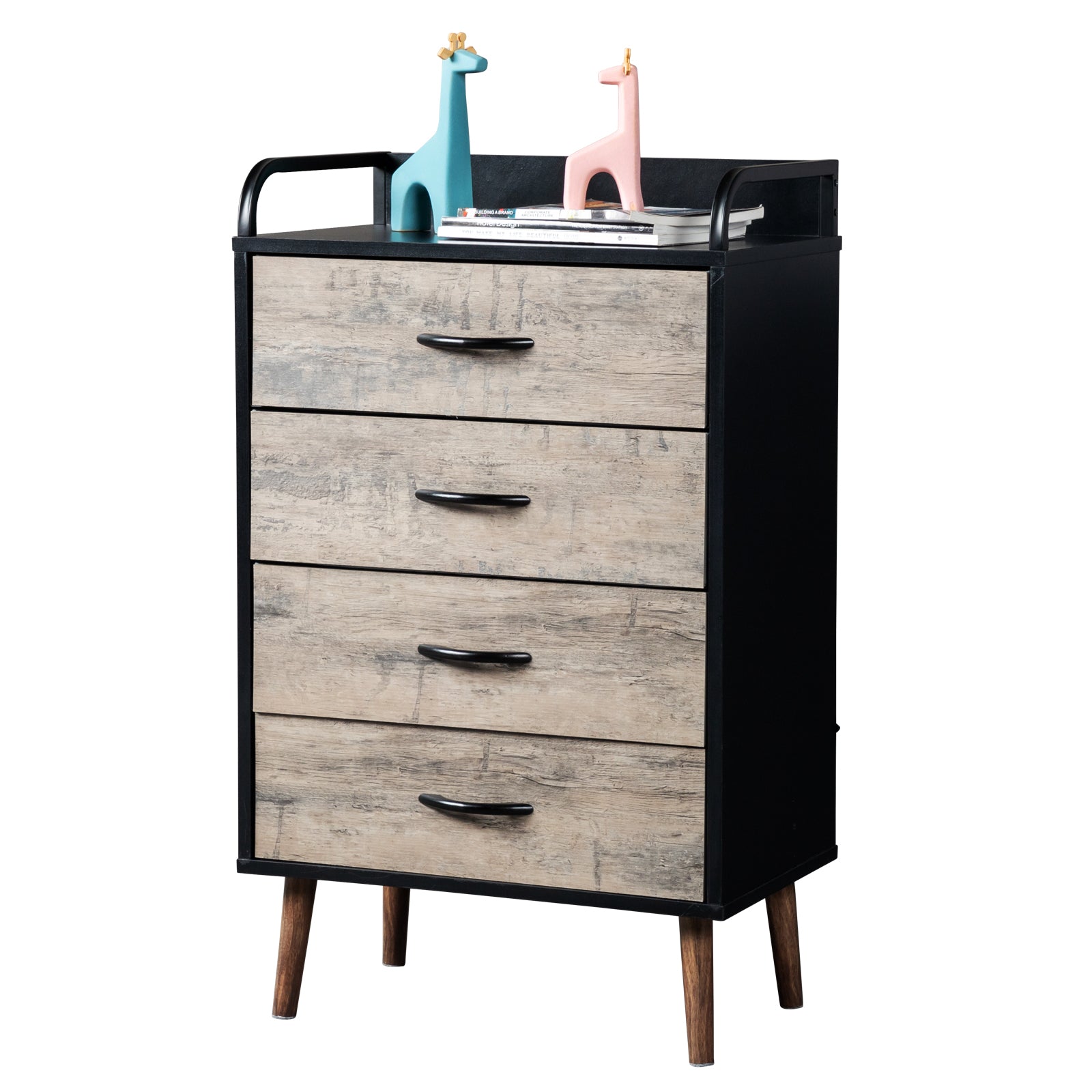 SYNGAR Modern 4 Drawer Dresser, Storage Cabinet with Fabric Drawers and Handles, Dressers and Chests of Drawers, Organizer Unit for Bedroom, Living Room, Hallway, Closets, Nursery, Gray and Black