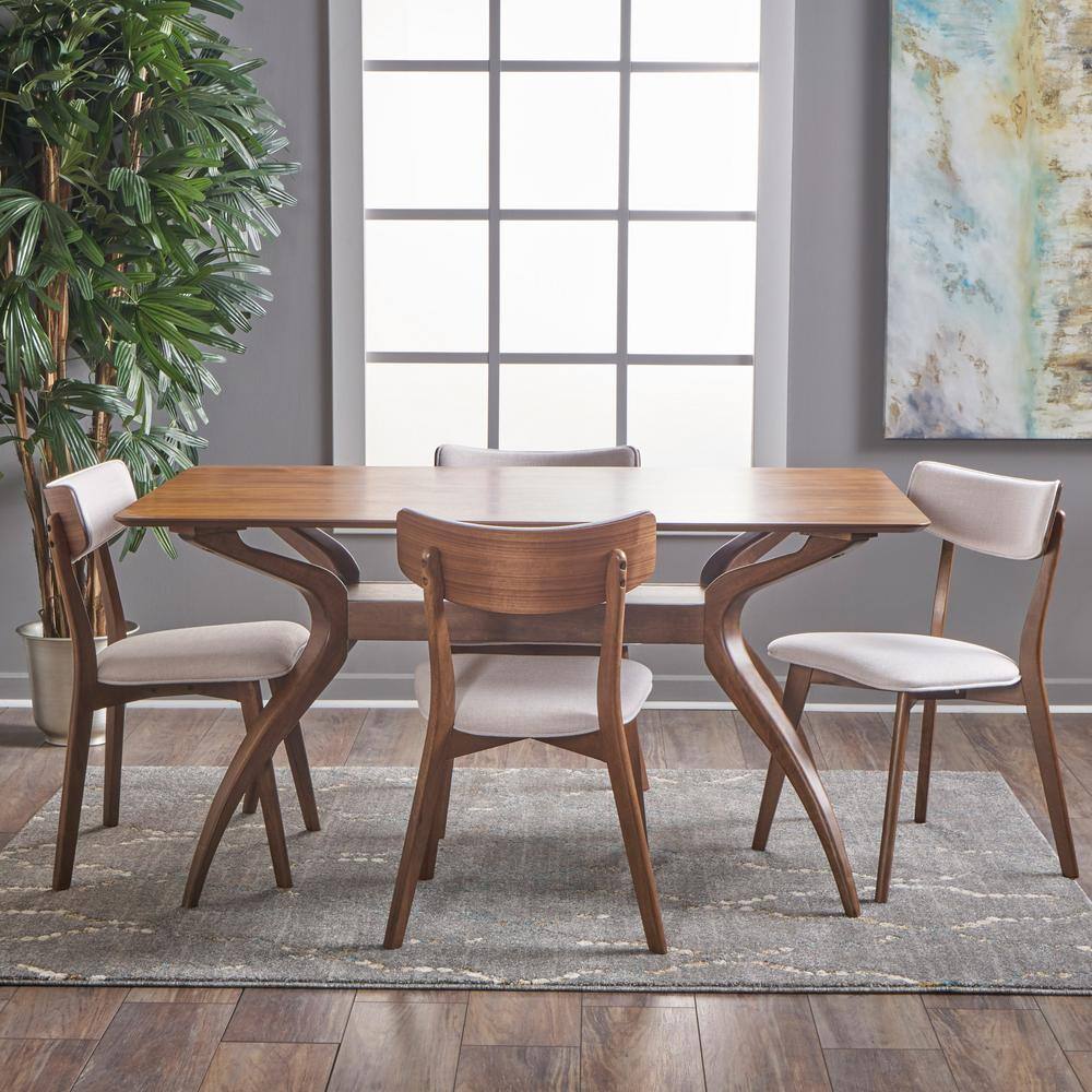 Noble House Nissie 5-Piece Natural Walnut and Light Beige Dining Set 18366