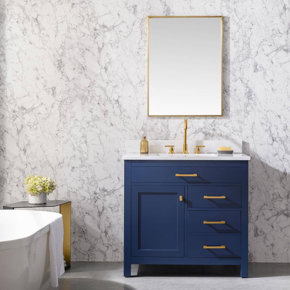 SUDIO Jasper 36 in. W x 22 in. D Bath Vanity in Navy Blue with Engineered Stone Vanity in Carrara White with White Basin Jasper-36NB