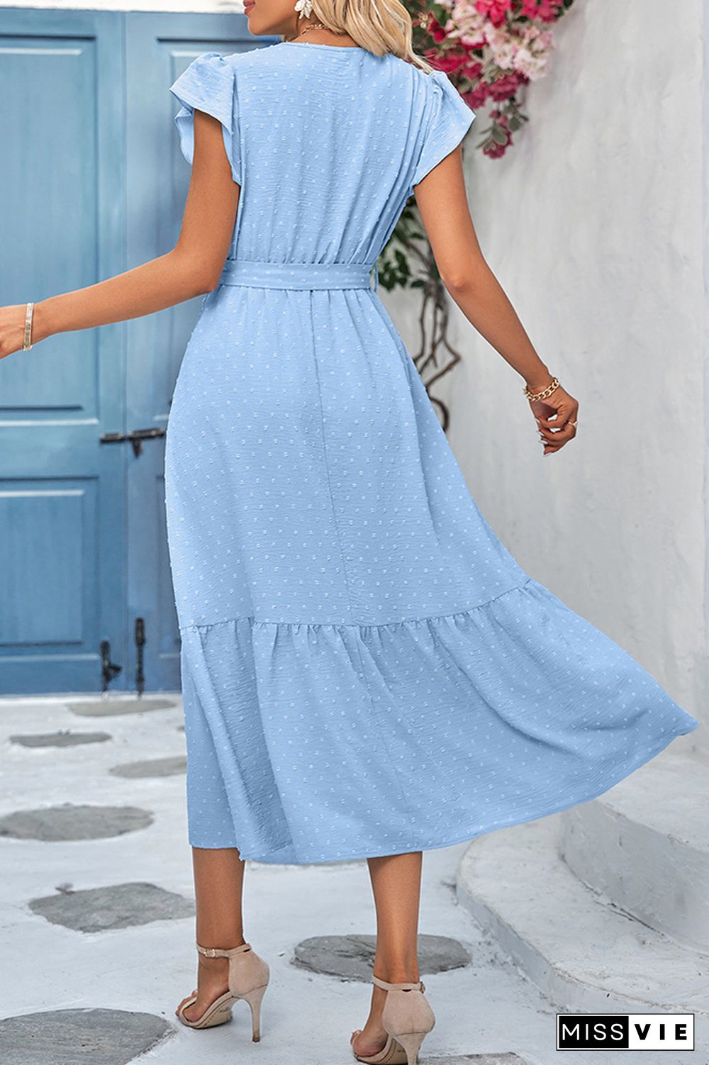 Texture Spot Wrap V Neck Lace Edge Maxi Dress