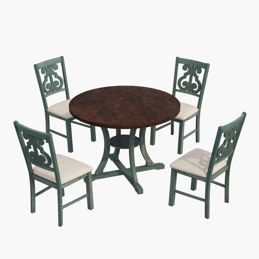 Delicately Crafted 5-Piece Round Antique Blue Wood Top Table Set Seats 4 with Hollow Chair Back ST-000056AAC