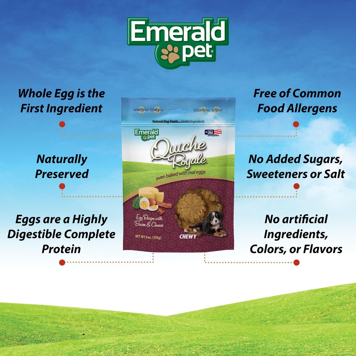 Emerald Pet Quiche Royale Egg Recipe with Bacon and Cheese Chewy Dog Treats， 6-oz bag