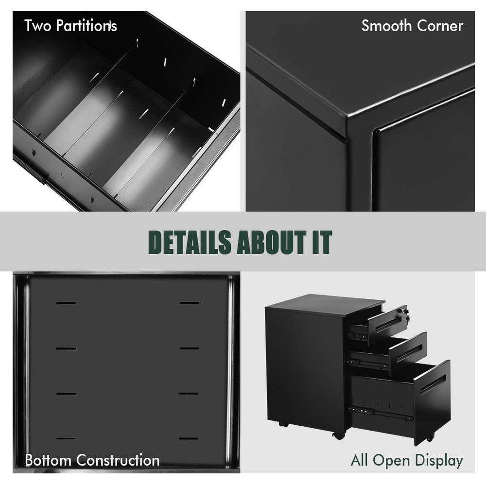 Black Rolling Locking Filing Cabinet with Wheels and 3 Drawer S29705849