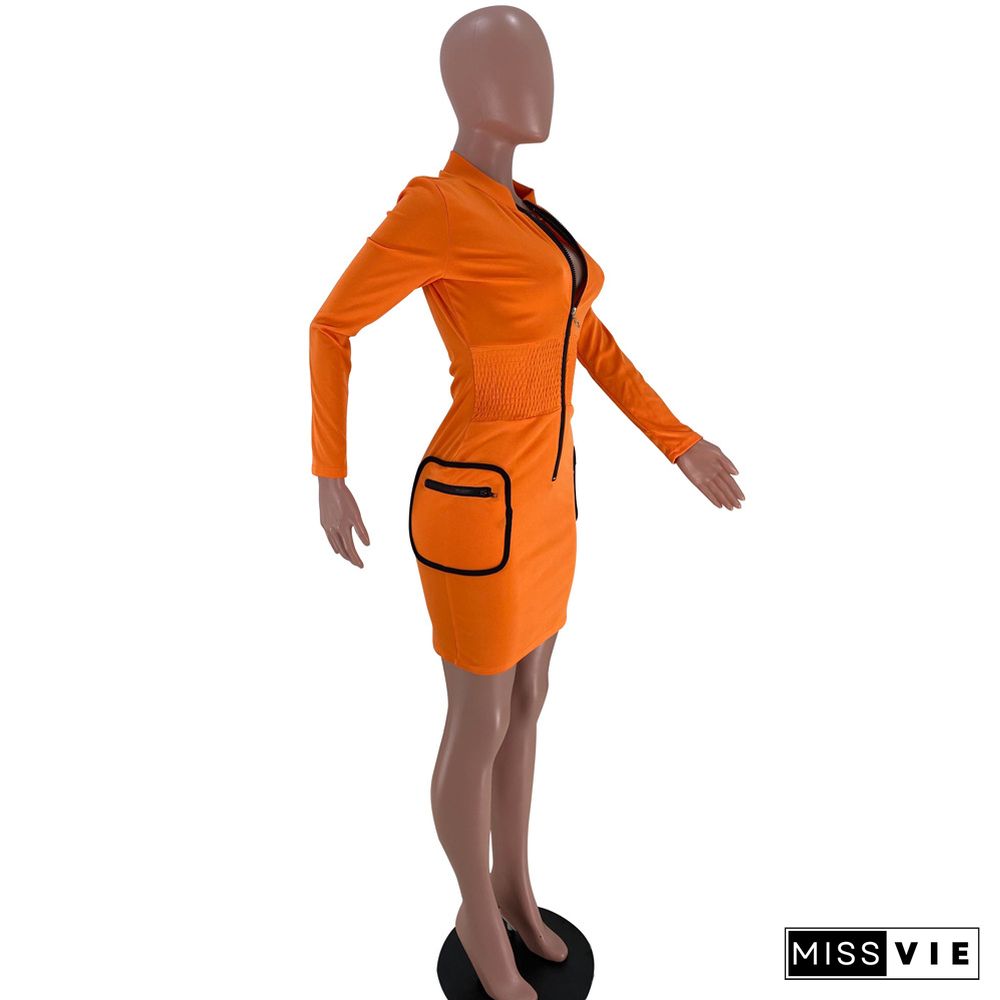 Zipper Front Long Sleeve Skinny Side Pockets Dresses