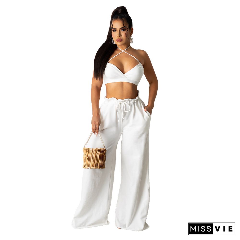 Lace Up Halter Bra Crop Top+Wide Leg Pant Suits