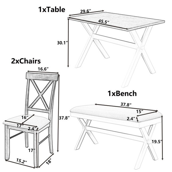 4 Pieces Farmhouse Rustic Wood Kitchen Dining Table Set with Upholstered 2 X-back Chairs and Bench