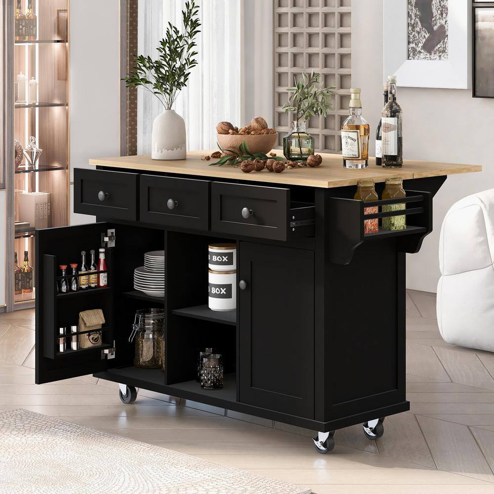 Zeus  Ruta Black Rubber wood 53.1 in. Kitchen Island Drop-Leaf Countertop Cabinet Internal Storage Racks Kitchen Island on 5 Wheels K-16HEGHVDGS