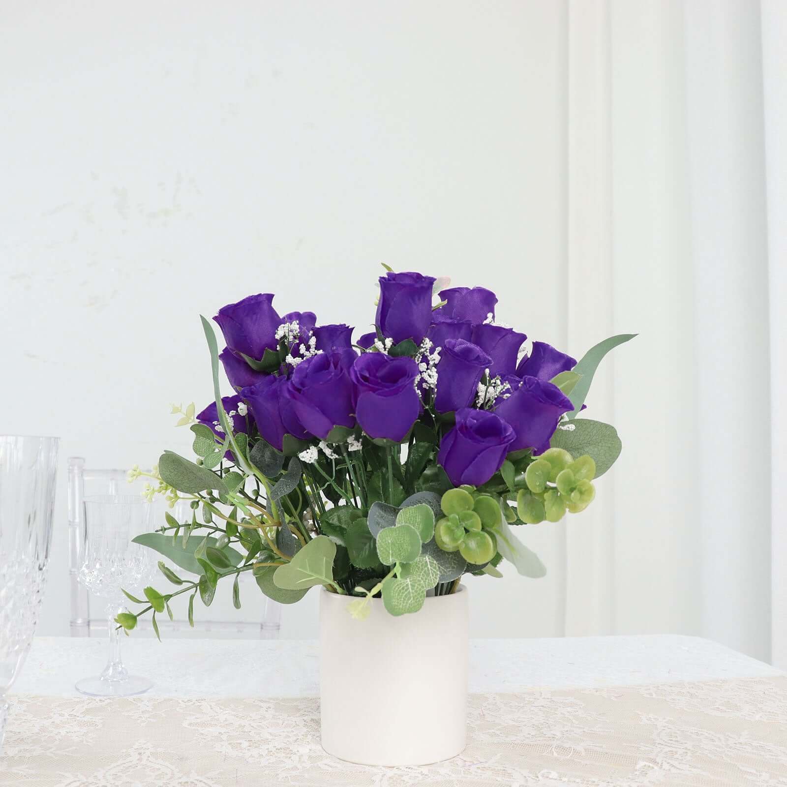 12 Bushes Purple Artificial Premium Silk Flower Rose Bud Bouquets