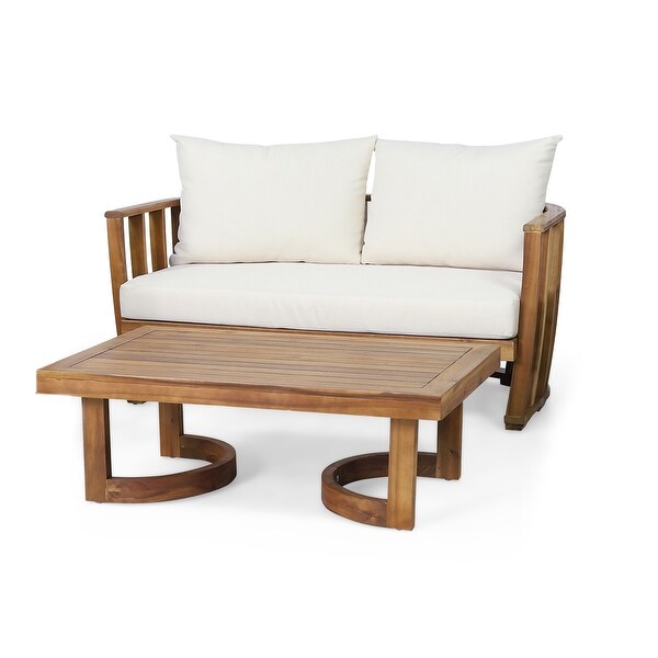 Outdoor Acacia Wood Loveseat and Coffee Table Set with Cushions，Teak，Beige