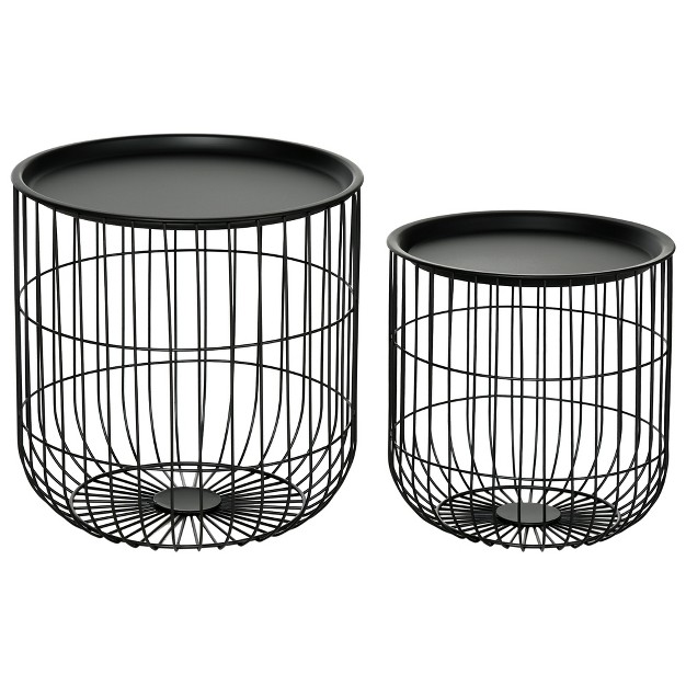 Homcom Nesting Tables Round Coffee Table Set Of 2 With Steel Wired Basket Body And Removable Top Stacking Tables For Living Room Black