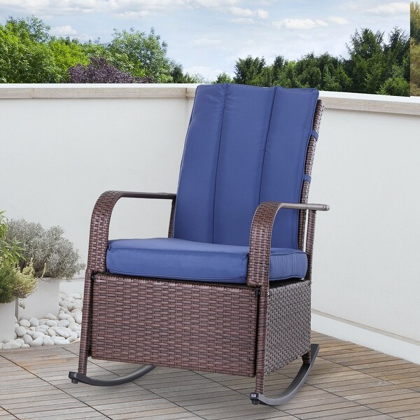 Outsunny Outdoor Wicker Rattan Recliner Rocking Cushioned Chair with Footrest and 135 Degrees of Comfort