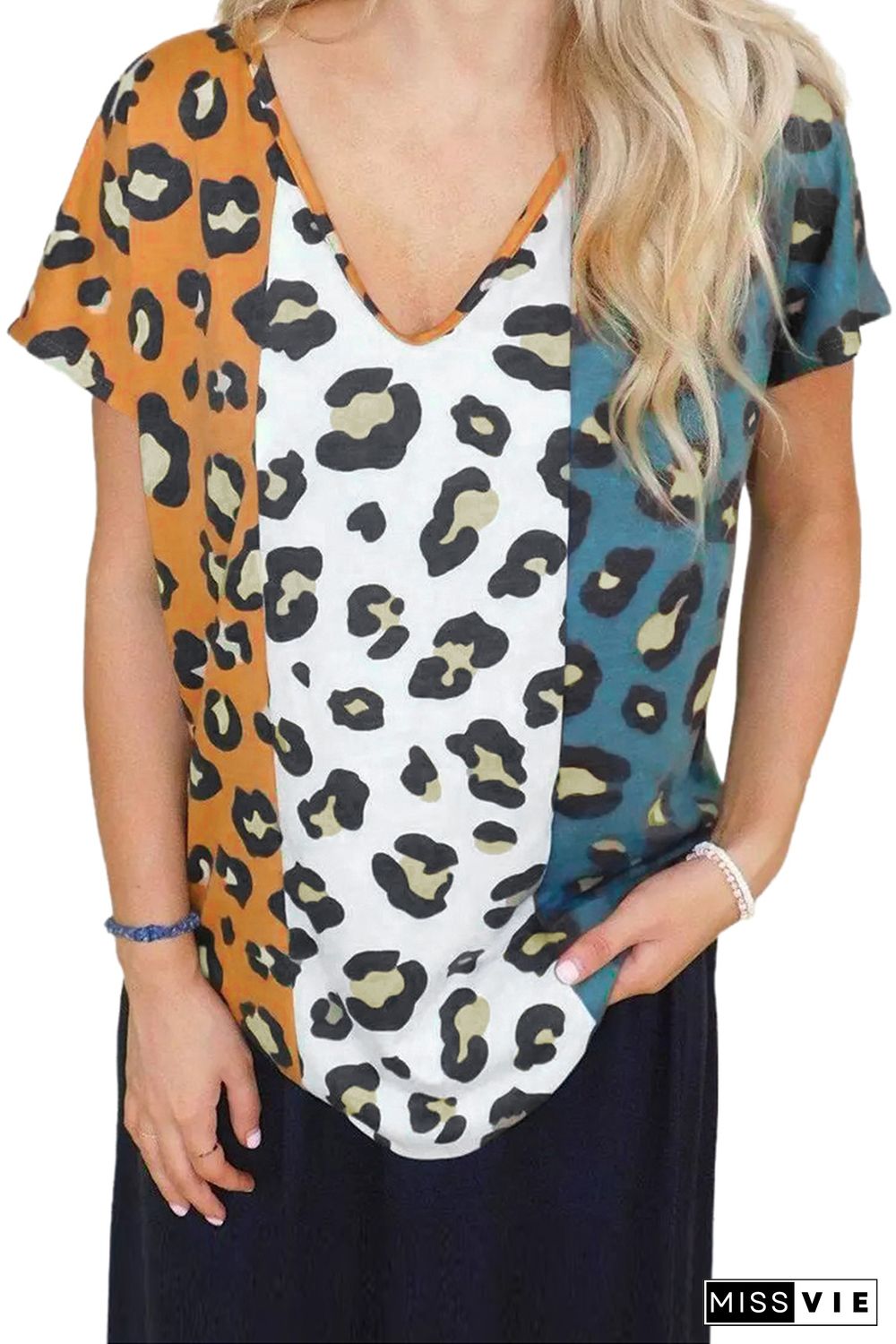 Leopard Color Block V-Neck Tee